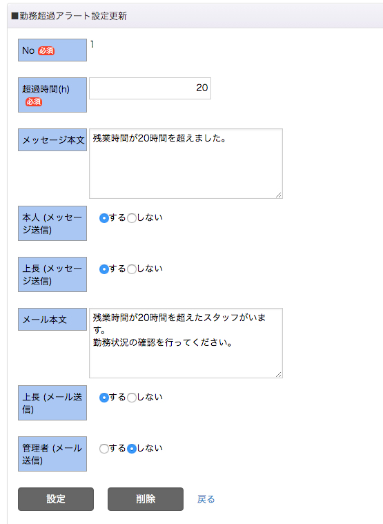 PC管理画面「勤務超過アラート設定詳細」イメージ